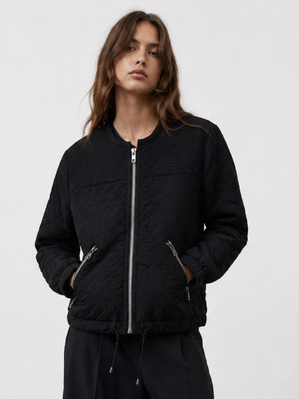 PBO Quilted Black Bomber Jacket with Embroidered Detail Size 6